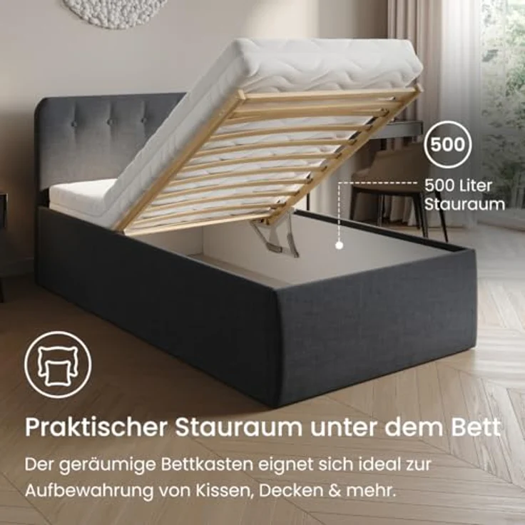 Home Collective Polsterbett Bett mit Stauraum, verstellbarem Lattenrost, viele Größen (Größen: 100x200 120x200 140x200 160x200 180x200 200x200, hochwertiger Strukturstoff, made in Germany), wählbare Matratze Federkern oder Kaltschaum, Anthrazit – Bild 5