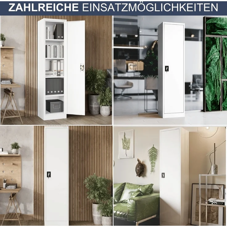 Aktenschrank abschließbar KADO - 5 Ebenen verstellbar, Flügeltüren | Metallschrank Werkstatt Mehrzweckschrank Büroschrank aus Stahl Werkzeugschrank, 185x45x40cm Weiß – Bild 6