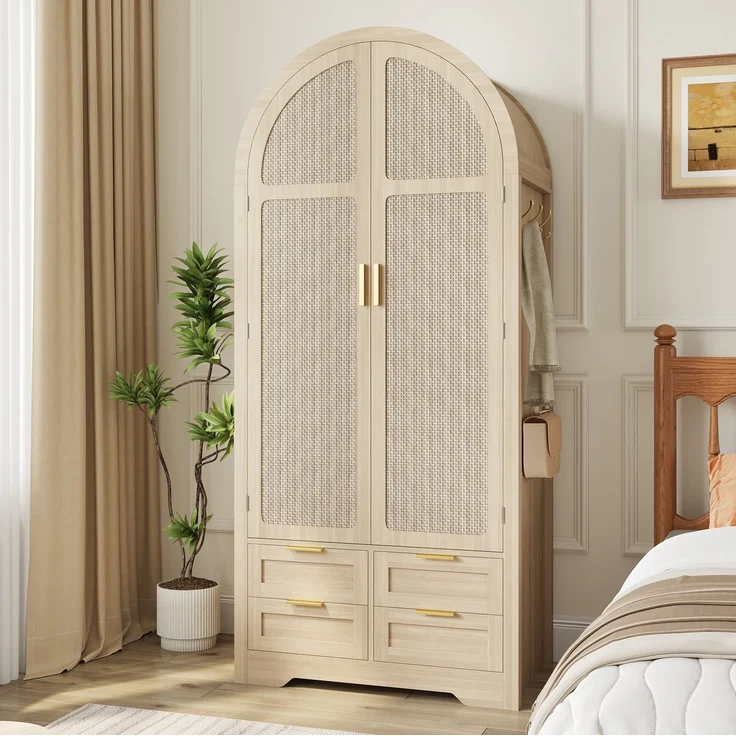 Kleiderschrank 80 x 50 x 180 cm in Eichenholzfarbe mit Rattantüren und Schubladen – Bild 3
