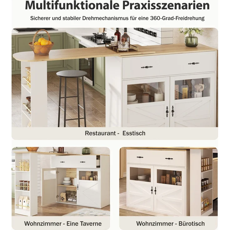 Ausziehbarer Bartisch mit Stauraum(138-204×39×104cm) , 360° drehbare Essbar,Moderner Beweglicher Bar Table,Hochtisch Kücheninsel Bistro Table, Sideboardschrank mit Regalen, weiß – Bild 5