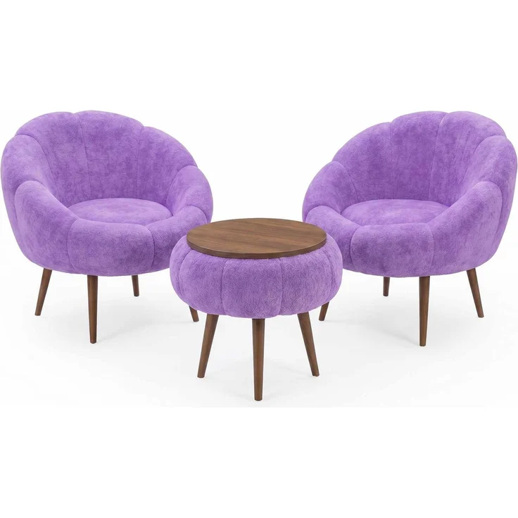 Hanah Home Elegantes Ohrensessel- und Couchtisch-Set (3-teilig), Flieder | 100% melaminbeschichtet, 18 mm Stärke | Superweicher Stoff & Beine aus Eschenholz – Bild 2