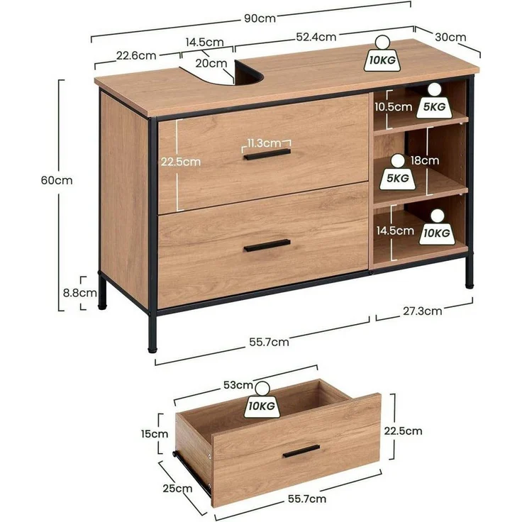 EUGAD Waschbeckenunterschrank (1-St) Badezimmerschrank mit 2 Schubladen 3 offenen Fächern – Bild 2