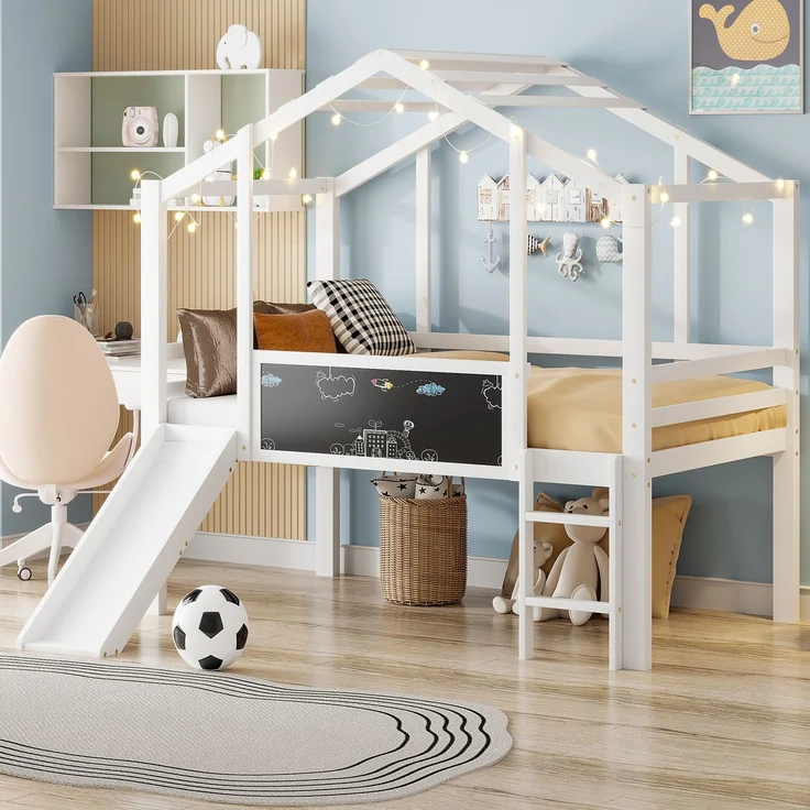 Kinder-Loftbett 90x200 cm mit Rutsche, Hausstil, Leiter & Blackboard,Massivholz Spielbett,Weiß – Bild 1
