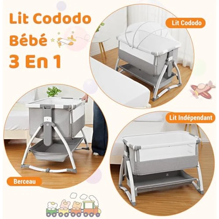 GarveeHome 3 in 1 Baby Beistellbett, Klappbares Beistellbett, Babywiege Mit Matratze Und Moskitonetz, Höhenverstellbar, Mit Reisetasche, Für Babys Von 0 Bis 36 Monaten, Hellgrau – Bild 2