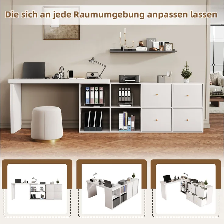 Schreibtisch aus MDF, 360° drehbar mit Stauraum, 120x48x78 cm, Weiß – Bild 9