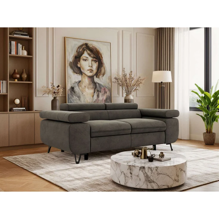 2-Sitzer Polstercouch PETER mit verstellbaren Armlehnen und Kopfstütze, Gepolsterte Couch, Wellenfeder - Dunkelgrau Velvet – Bild 1