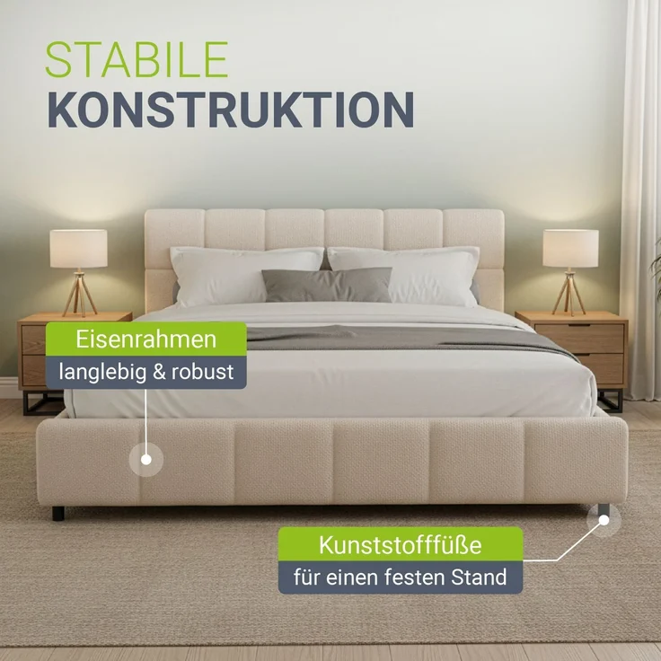 Juskys Polsterbett Florenz 180 x 200 cm mit Matratze – Bouclé, modernes Bett mit Kopf- & Fußteil, stabilem Holz- & Metallrahmen, Lattenrost, 500 kg Tragkraft – Beige – Bild 6