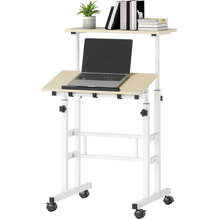 Steh-Sitz-Schreibtisch, höhenverstellbarer Schreibtisch, 60 x 60 cm, mit Rollen und neigbarer Tischplatte, Rahmen aus naturbelassenem Metall – Bild 2