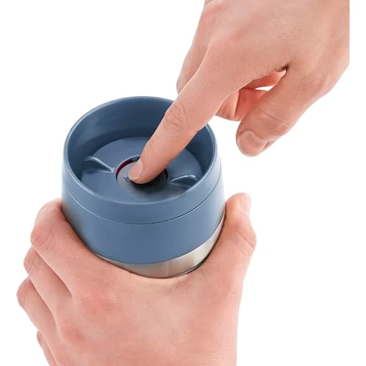 Emsa Travel Mug Eco Isolierbecher, 0,36 l, Comfort-Schraubverschluss, Quick-Press, Öko-Design, 100% dicht, hält Getränke 4h warm und 8h kühl, 360°-Rundum-Trinköffnung, Edelstahl/Blau – Bild 3