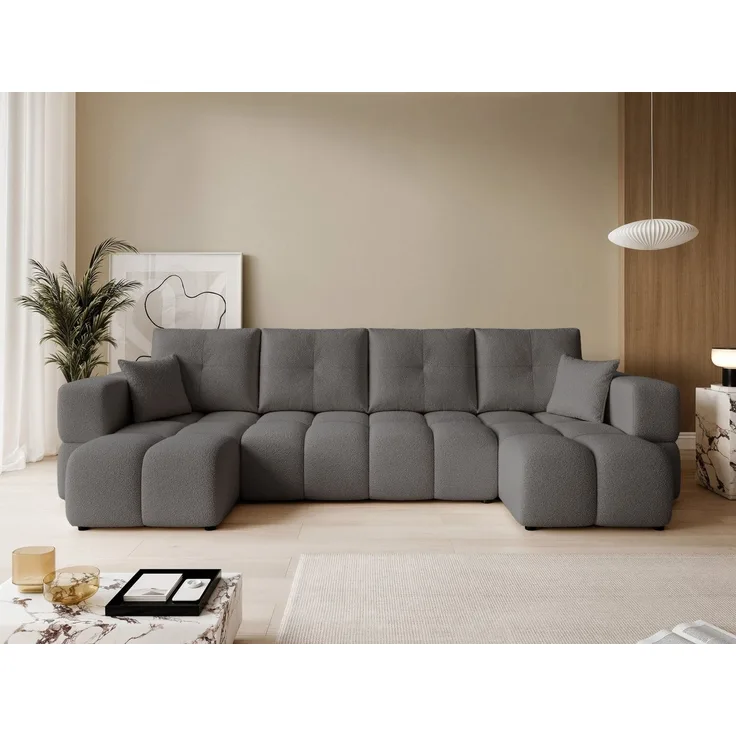 yourhouse24 Wohnlandschaft BUENO U im Glamour-Stil – Trend-Bouclé, Schlaffunktion & Bettkasten, mit Schlaffunktion und Bettkasten, Seite universal