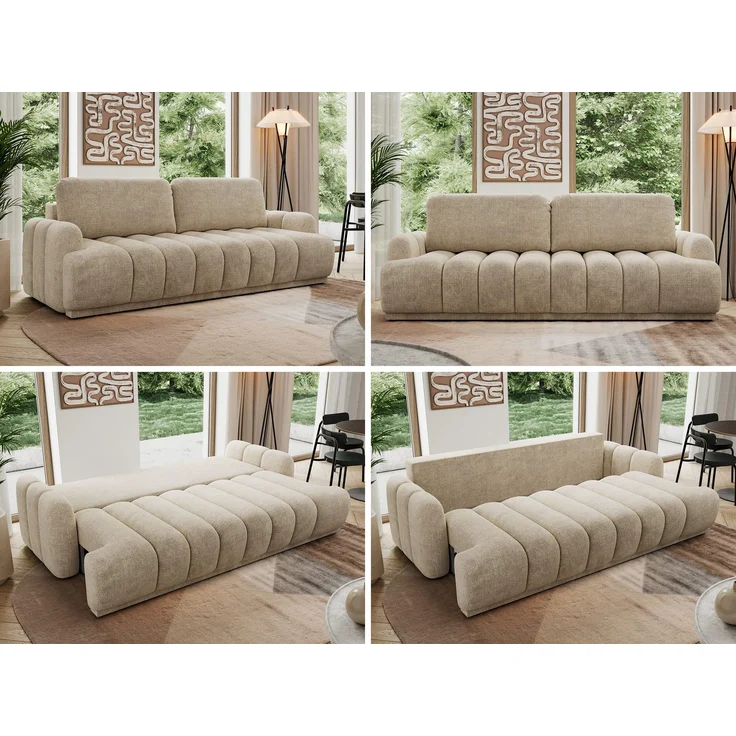 Schlafsofa ACCORDO 3-Sitzer mit Schlaffunktion, DL-Mechanismus, Wellenfederung & Massivholz, freistehend rundum bezogen - Beige Schenille grob gewebt – Bild 2