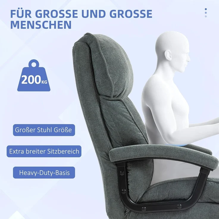 HOMCOM Bürostuhl Ergonomisch Schreibtischstuhl mit Wippfunktion, Leinenoptik (Computerstuhl, 1 St), bis 200 kg belastbat, für Home-Office, Grau – Bild 4