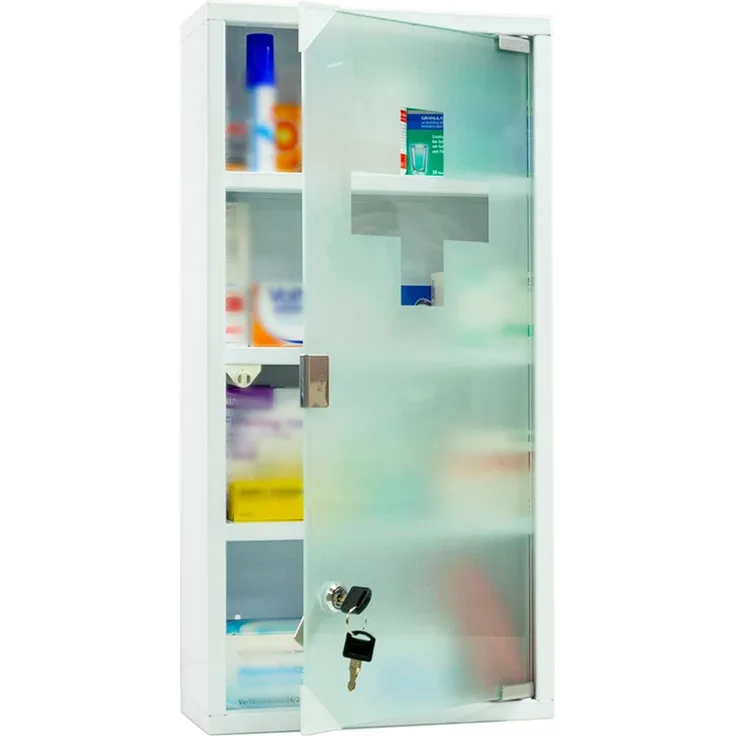 Style home Medizinschrank Arzneischrank abschließbare Hausapotheke Erste Hilfe Schrank, Metall Apothekerschrank mit Glastür, inkl. 2 Schlüsseln, 60 x 30 x 12 cm (Weiß, 4 Fächer)