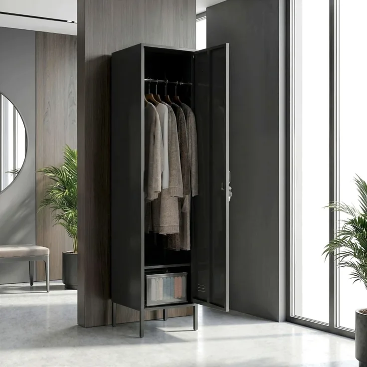 Garderobenschrank 40x40x179 cm aus Stahl, schwarz, abschließbar mit Kleiderstange