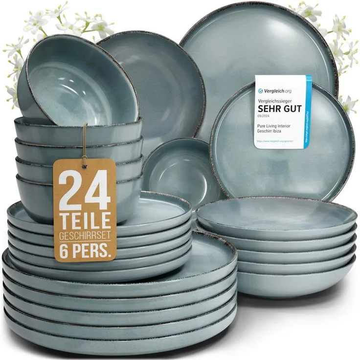 PURE LIVING INTERIOR DESIGN Geschirr-Set Steingut Geschirrset 6 Personen Rustic 24 tlg. TESTSIEGER, Hochwertige (24-tlg), 6 Personen, Steingut, Authentischer Landhausstil, Reaktive Glasur – jedes Stück ein Unikat,…