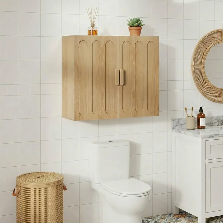 BBWL Hängeschrank Medizinschrank mit verstellbaren Einlegeböden Doppeltür Hängeschrank Badezimmerschrank wandhängend Eiche platzsparend