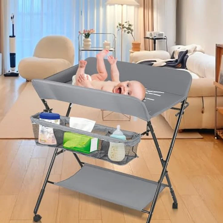 Baby Klappbarer Wickeltisch，Mobiler Wickeltisch mit Rollen und Wickelauflage,Wasserdicht und Höhenverstellbar，Baby Wickelkombi mit Ablagefächern-80 * 66 * 98cm grau – Bild 7