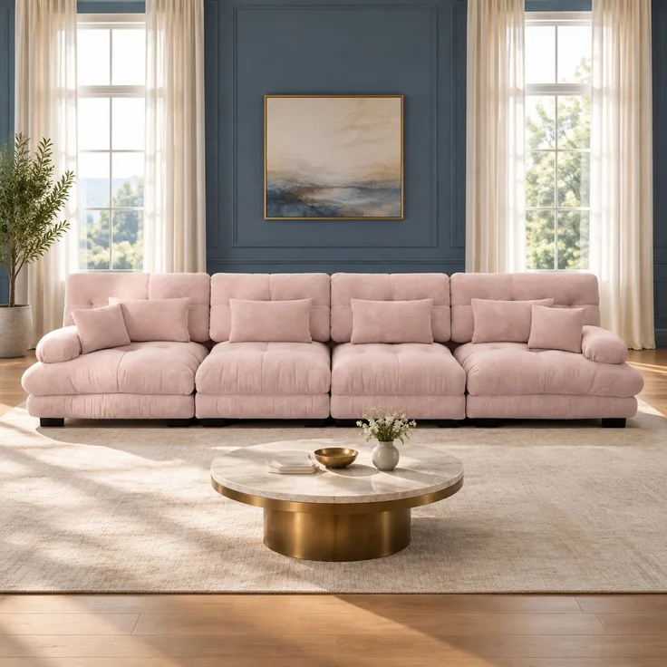 DESVIAE Sofa modular mit Tiefensitz und Kissen, Chenille Rosa, 406 x 77 x 81 cm