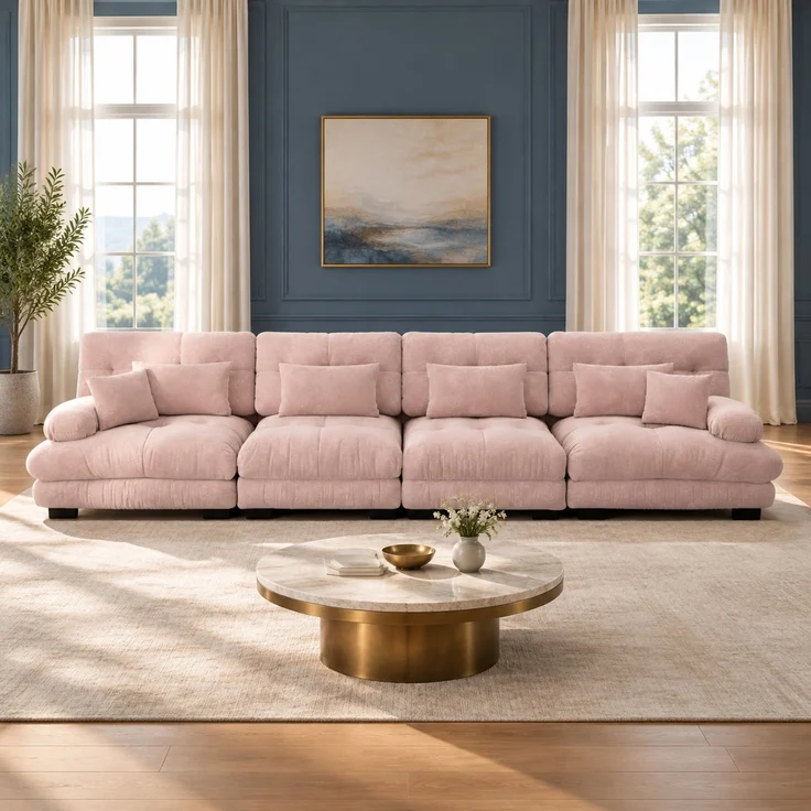 DESVIAE Sofa modular mit Tiefensitz und Kissen, Chenille Rosa, 406 x 77 x 81 cm – Bild 1