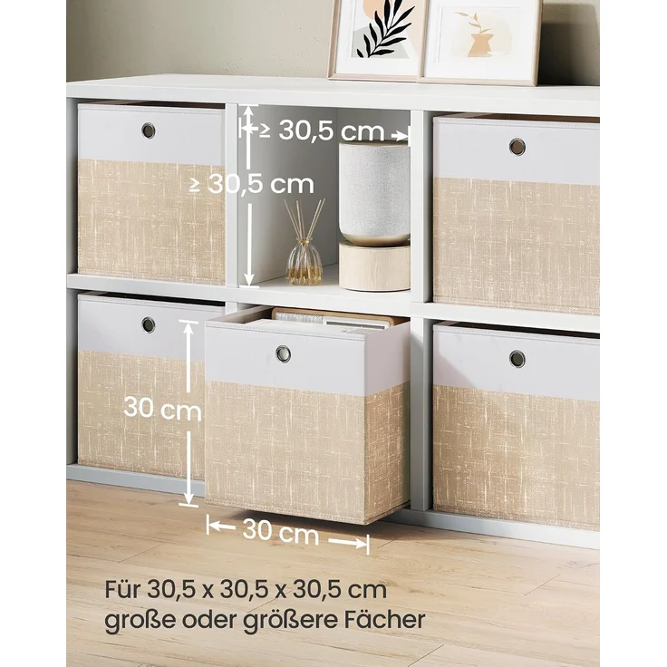 SONGMICS Aufbewahrungskörbe, 6er Set, faltbare Stoffboxen mit PP-Platten, für Regal, 30 x 30 x 30 cm, weiß-beige – Bild 7