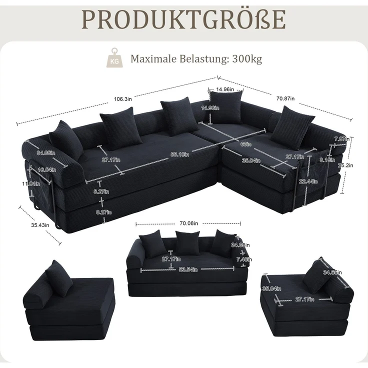Wohnora-Gemütliches Familiensofa mit Stauraum & modularer Funktion – vakuumverpackt für mühelose Montage, frei kombinierbare Module und haustierfreundlich Perfekt für entspannte Momente Schwarz,H 64cm x T 270cm x B 180cm,Schwarz – Bild 3