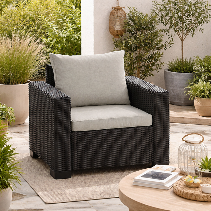 Allibert California Sessel – Anthrazit mit Kissen in Sand | Wetterfeste Rattanoptik für Garten & Outdoor