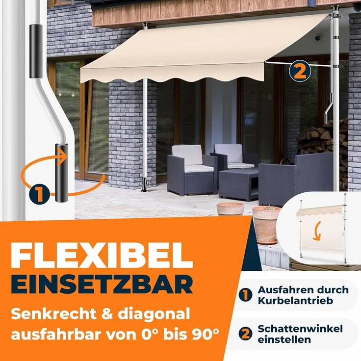 KESSER® Klemmmarkise mit Handkurbel & LED Lichterkette | Balkonmarkise ohne Bohren | Markise UV-beständig höhenverstellbar & wasserabweisend | Sonnenschutz für Balkon Terrasse & Garten Beige, 200cm – Bild 2