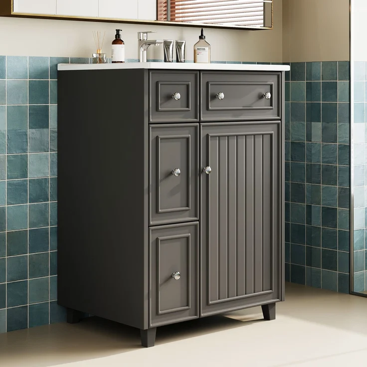 61×47×87cm, freistehender Badezimmerwaschtisch, lackierte Oberfläche, integriertes Keramikbecken, Soft-Close-Scharniere, eingebaute Regale in den Schranktüren, runde Griffe, hohes Fußdesign, schwarz. – Bild 2