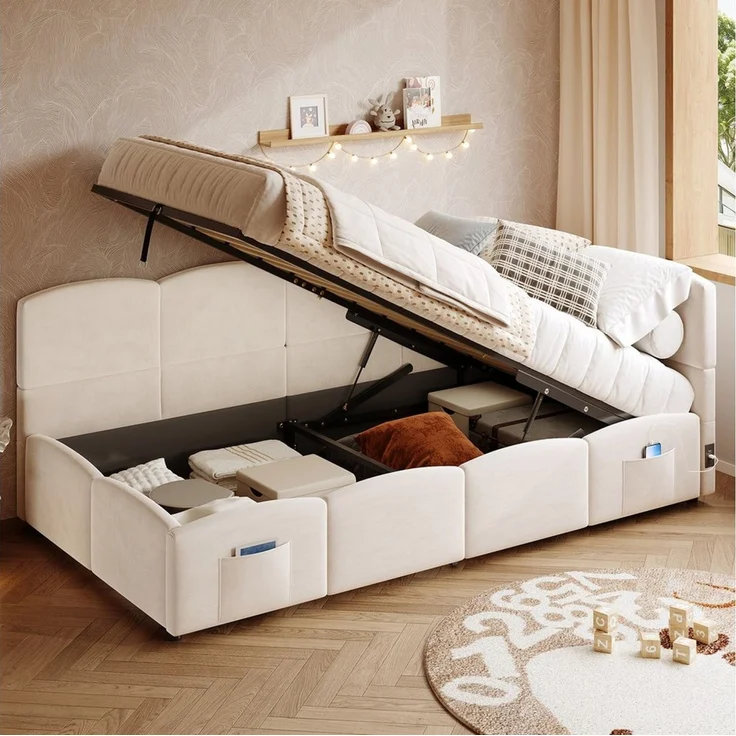 STILVORA Polsterbett 90x200 mit Bettkasten,Jugendbett Bettgestell mit USB&Stautasche (Einzelbett, Stauraumbett, Schlafsofa, 1-tlg, 90x200 cm, ohne Matratze), Jugendbett – Bild 5