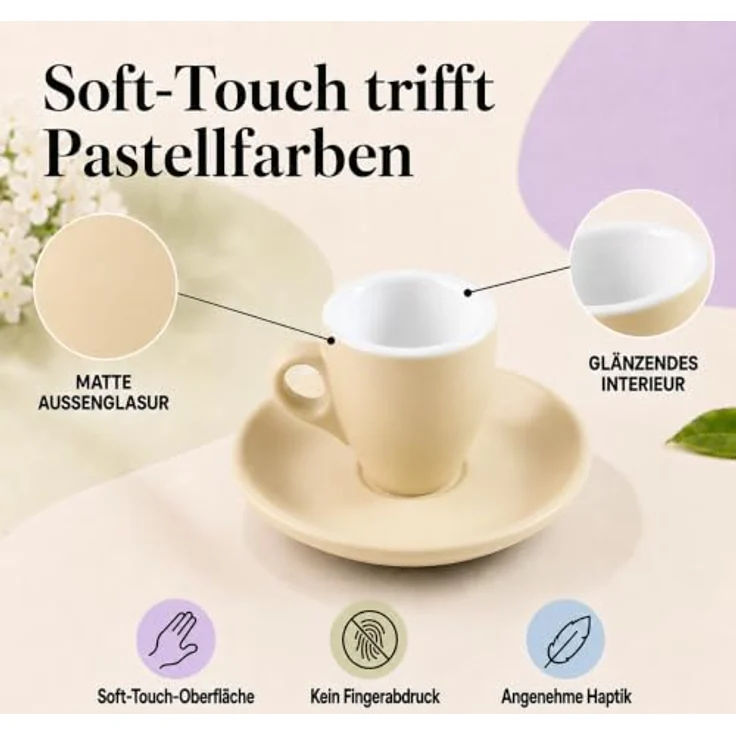 MUVELL Espressotasse Espressotassen 4er Set mit Untertassen, 50ml, Porzellan matt, 4-tlg, Porzellan, verschiedene Farben, Barista-Design, dickwandig, Soft-Touch – Bild 2