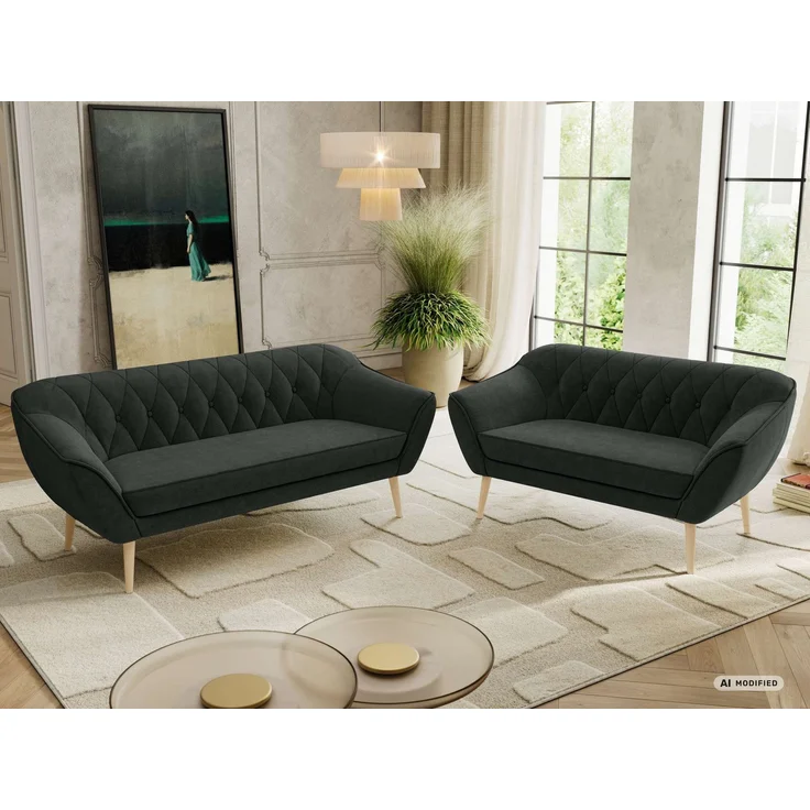 Skandinavisches Sofa Set PIRS 3-2, Komplettset, Wellenfederung, Buche Füße, Sitzgruppe, Polstermöbel Set - Dunkelgrau Stukture – Bild 5