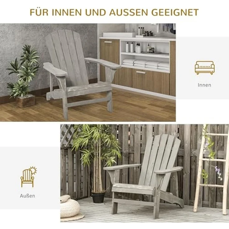 Outsunny Gartenstuhl mit Hoher Rückenlehne, Armlehnen (Adirondack Stuhl, 1 St), für Garten, Terrasse Balkon 78 x 89 x 88 cm Hellgrau – Bild 4