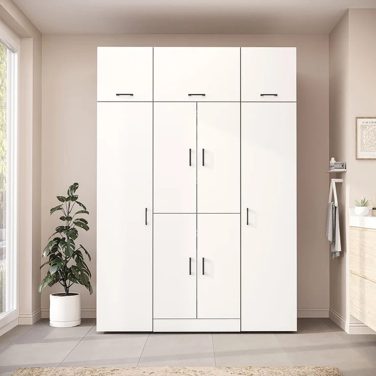 Roomart Waschmaschinenschrank - DORA-I- 160 cm breit - Wasch- & Trocknerschrank mit 2 Hochschränken, Türen & Ausziehbrett, Waschmaschinen-Überbau für Waschküche & Hauswirtschaftsraum • Weiß-Eiche – Bild 2