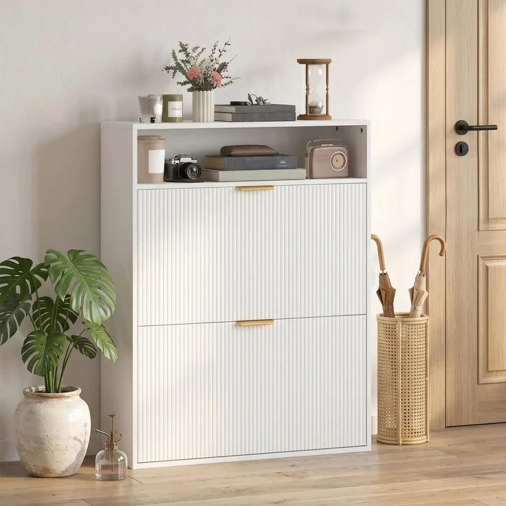 Schmaler Schuhschrank mit 2 Klappfächern und Ablagefläche für Flur und Eingangsbereich, Weiß--Weiß--102.5x24x80cm--YOUDENOVA – Bild 10