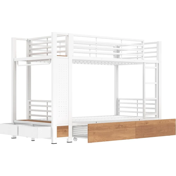 CHICFURN Etagenbett aus Metall und MDF Weiß 90x200 cm mit LED-Beleuchtung und Stauraum – Bild 8