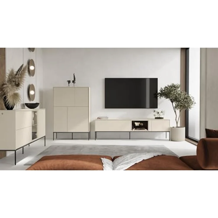 Selsey TV-Lowboard 196 cm Cremefarbenes Mattes Design Hochwertige Spanplatte & Gehärtetes Glas Schwarze Metallbeine Integriertes Eye-LED mit Touch Push-to-Open Ideal fürs Wohnzimmer – Bild 4