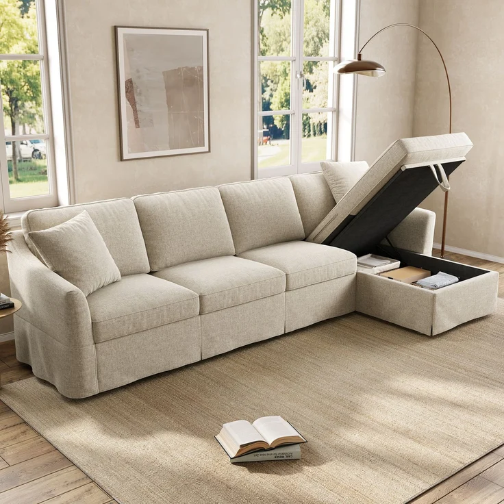 Ecksofa 274 x 128,5 x 83 cm mit Stauraum-Chaiselongue und waschbaren Bezügen, Beige – Bild 1