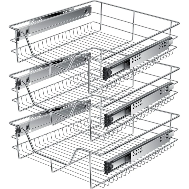 KESSER® Teleskopschublade 30-60cm Schrankbreite verchromt aus Edelstahl Schubladeneinsatz für Küchenschrank Korbauszug Schrankauszug 3x50 cm - Silber