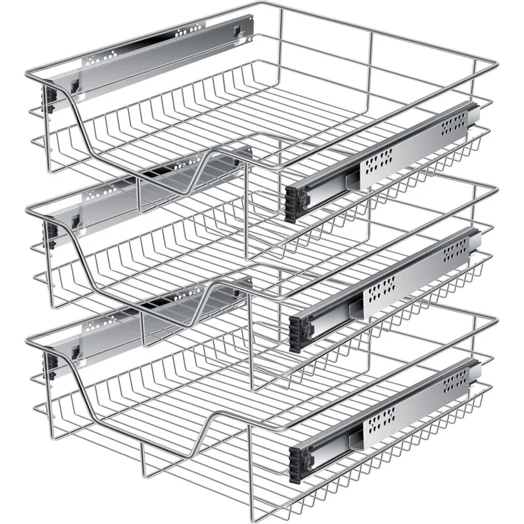 KESSER® Teleskopschublade 30-60cm Schrankbreite verchromt aus Edelstahl Schubladeneinsatz für Küchenschrank Korbauszug Schrankauszug 3x50 cm - Silber