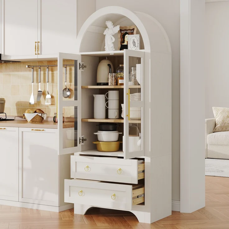 EINHOM Highboard mit verstellbaren Regalböden und Schubladen, Küchenschrank mit transparentem Glas und großem Stauraum, Ideal für Esszimmer, Wohnzimmer und Küche (Weiß), Weiß – Bild 3