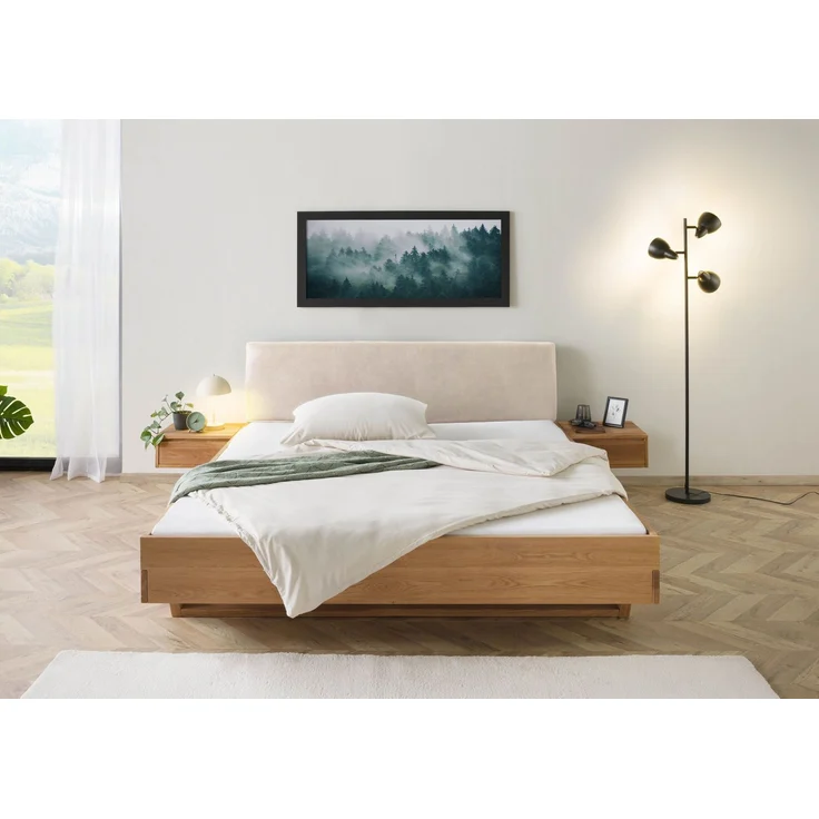 Bett mit Nachttischen Eiche 180x200x85 natur geölt, Kopfteil beige FICHTELBERG #135 – Bild 9