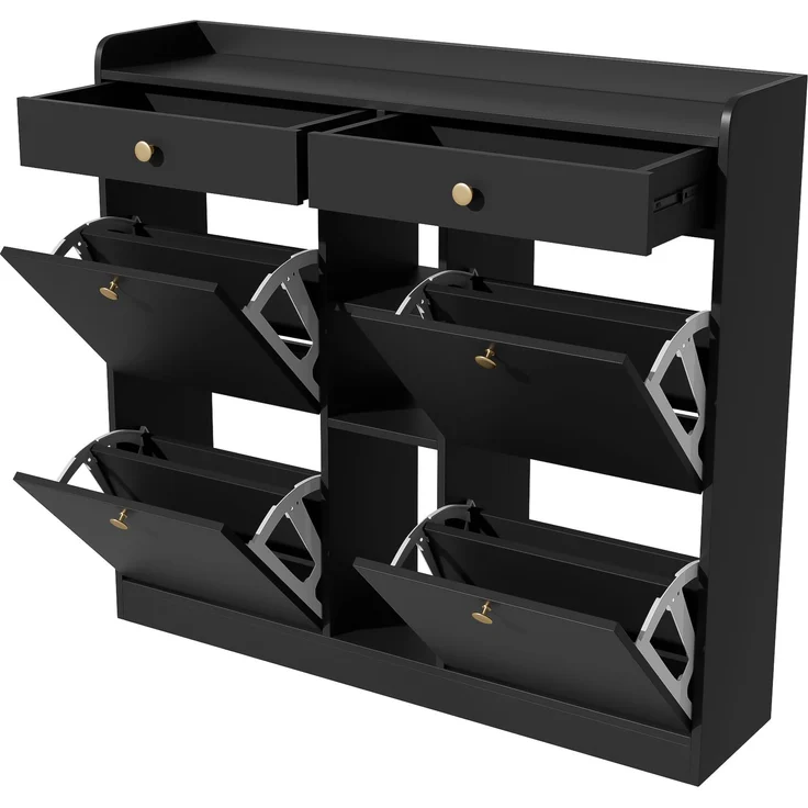 Schuhschrank, Spanplatte mit 4 Klapptüren & 2 Schubladen, 110x26x100 cm, Schwarz – Bild 8