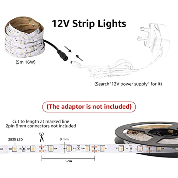 Lepro LED Strip Kaltweiß 5M, 12V Selbstklebend mit 300 x 2835 LEDs, 6000K 2300 Lumen Dimmbar, DIY Lichtband für Innen Heimküche Deko, ohne Netzteil – Bild 4
