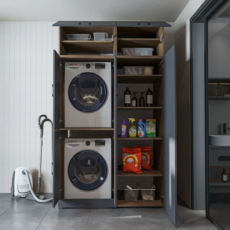 Roomart Waschmaschinenschrank- DORA-II- 130 cm breit – Waschmaschinen- & Trockner-Überbau mit Türen und Ausziehplatte, Bad & Waschküche • Anthrazit-Eiche – Bild 6