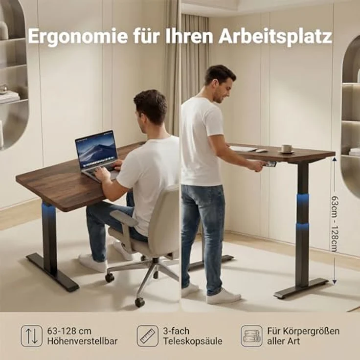 Devoko Höhenverstellbarer Schreibtisch 160x80 cm elektrisch, Höhenverstellung 63-128 cm mit Smart Control, 125 kg Tragkraft, für gesundes Arbeiten – Bild 3