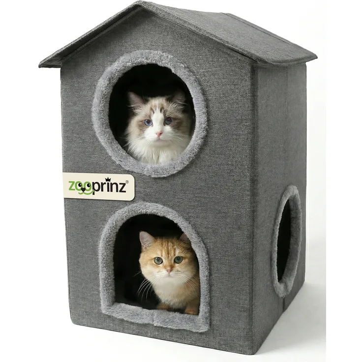 zooprinz Katzenhaus Pepper, großes 2-Etagen-Katzenhaus im modernen Grau mit 2 Rückzugshöhlen und Seitenfenstern