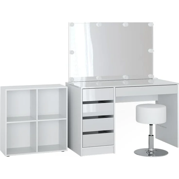 Schminktisch Sherry Weiß 120 cm 4 Teile, mit Standregal, Spiegel, Hocker, LED Vicco – Bild 4