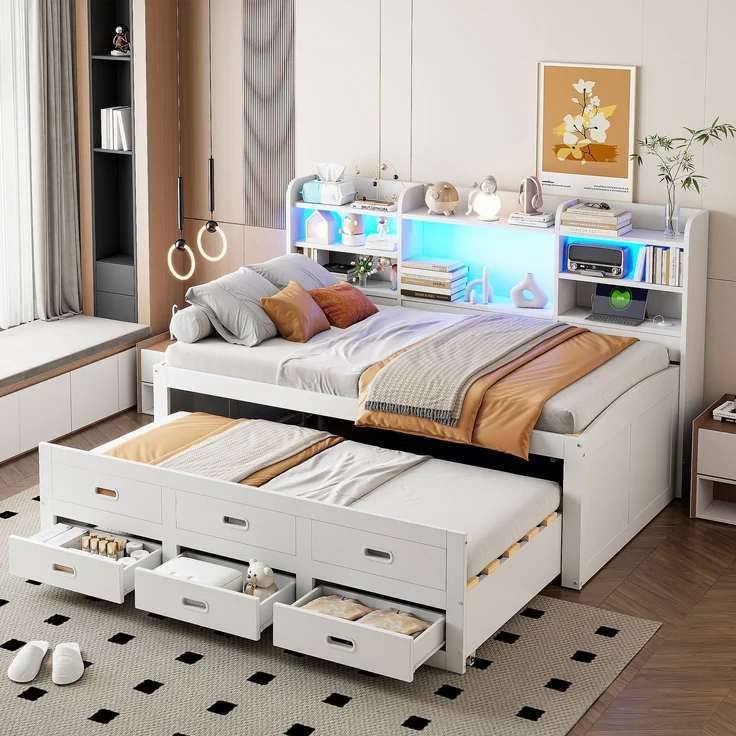Bett 90x200 cm mit Ausziehfunktion, LED-Fernbedienung und Stauraum – Weiß – Bild 2