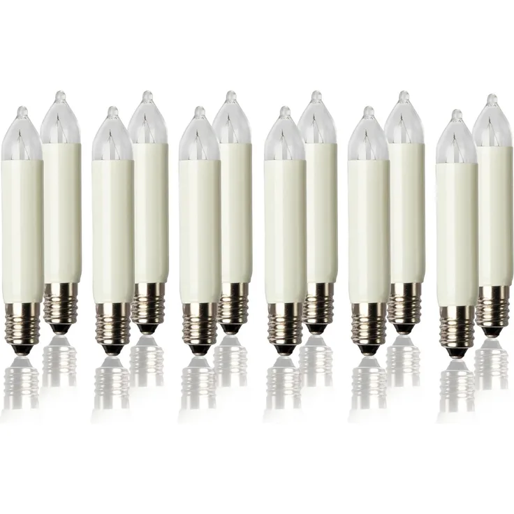 hellum Ersatzbirnen für Lichterbogen, 12 Stück 23V 3W klein-Schaftkerzen für Schwibbogen, für Ersatz-Kerzen Lichterketten innen und außen mit 10 Brennstellen, ø10mm E10/ 23V/ 3W/ 22Lumen 151336