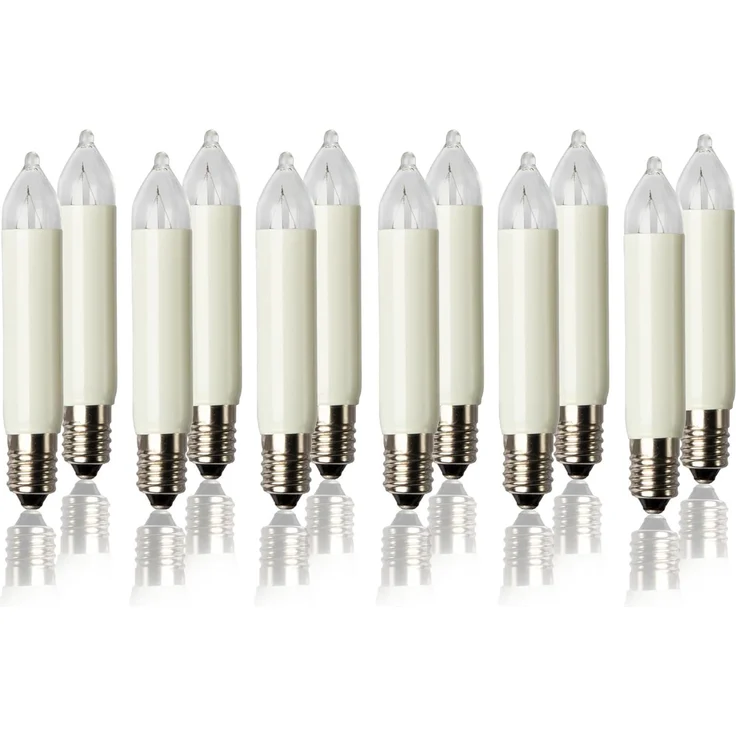 hellum Ersatzbirnen für Lichterbogen, 12 Stück 23V 3W klein-Schaftkerzen für Schwibbogen, für Ersatz-Kerzen Lichterketten innen und außen mit 10 Brennstellen, ø10mm E10/ 23V/ 3W/ 22Lumen 151336